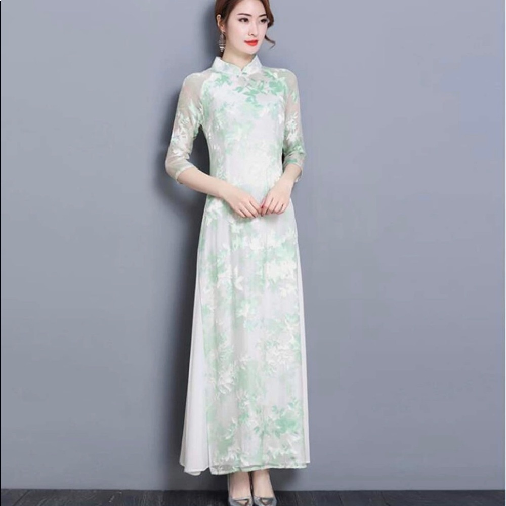 Aries Tuttle Chinese Qipao Floral Long Cheongsam Dress Prom Evening Diner Gown